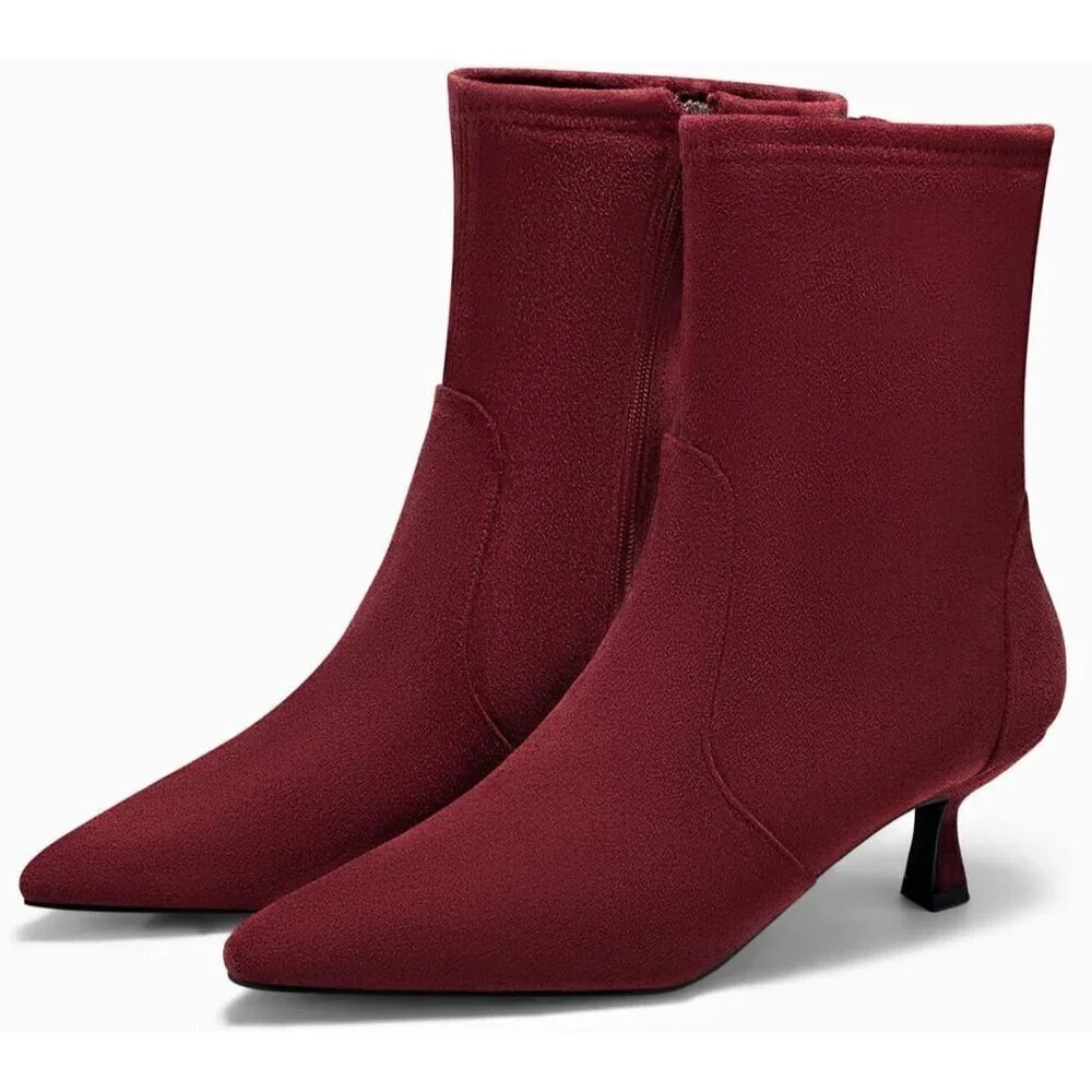 Women's Burgundy Low Kitten Heel Ankle Shoes Pointed Toe Side Zipper Fall Boots